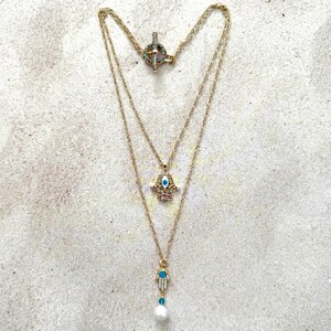 DBL Chain Hamsa Pendant Necklace: Baroque pearl drop & Gold CZ Toggle Clasp