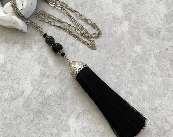 Boho glam long tassel necklace-etched metal cap black silk tassel, cz pave' bead, faceted glass beads on multi strand matte silver chain