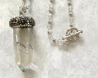 Pave' natural quartz crystal pendant 20" necklace w/rhinestone pave' cap on silver chain w/faceted crystal beads, silver toggle clasp