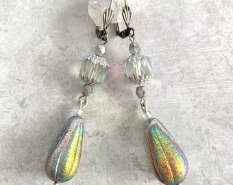 Romantic AB mercury glass drop earrings-Czech glass beads-Boho chic, dressy hand made jewelry/silver plated shell lever back ear wires