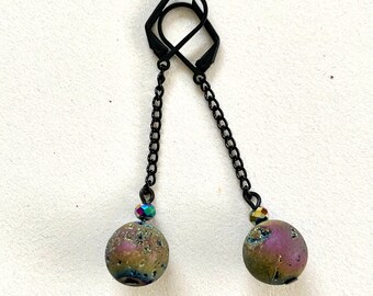 Rainbow iris druzy quartz gemstone bead w/Czech glass iridescent beads on fine black chain & black lever back ear wires for pierced ears