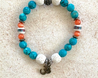 Exotic Boho Chic stretch elastic OM bracelet w/turquoise, coral+turquoise inlaid Tibetan beads,cat eye,lava stone,ant.brass OM charm/spacers