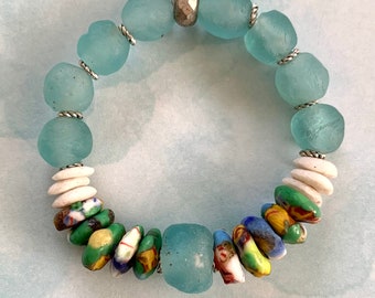 Sea glass Boho Chic stretch elastic bracelet w/pale aqua recycled African sea glass w/Krobo mixed color & white disc beads