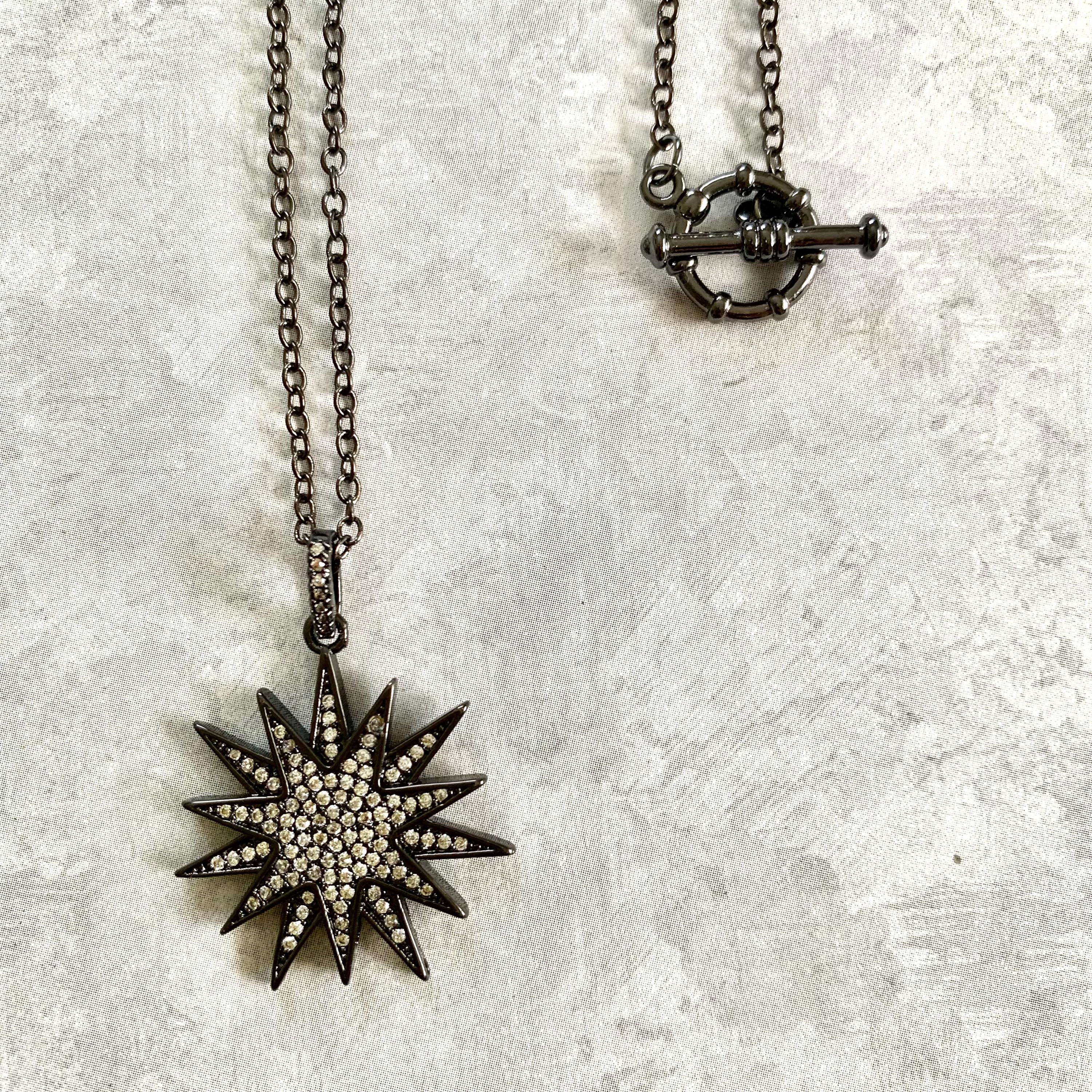 Cubic Zirconia Star Pendant Necklace: Boho Gunmetal Chain