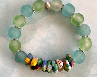 Sea glass Boho Chic stretch elastic bracelet w/pale aqua & green recycledAfrican sea glass w/Krobo mixed color beads