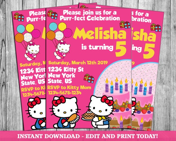 hello kitty birthday party invitation digital file personalized hello kitty party printable girls birthday invite 1st birthday kitty party invitation