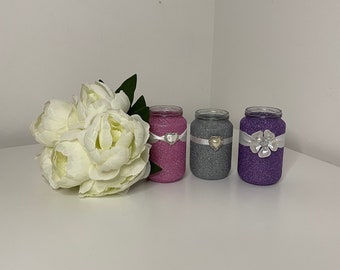 Glitter Jars with Embellishments, Pearl Heart, Diamante Heart, Pearl Flower with Ribbon, Kraft String