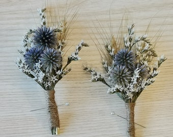 Set of 6 Dried flowers boutonniere,Blue thistle wedding boutonnieres, Men's buttonhole,Groom lapel pin,Groomsmen corsage,Wedding boutonniere