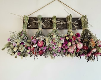 Rack with Pink Dried Flowers, Dried Flower Rack, Herb Rack , Country Wall Decor, Rustic Wedding Decor, Cottage Decor, Wall Rack