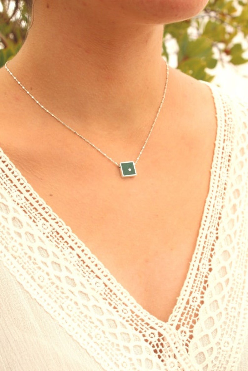 Gemstone 13 mm jewelry making Round Dot Dioptase Square Shape Green Silver 925 Pendant
