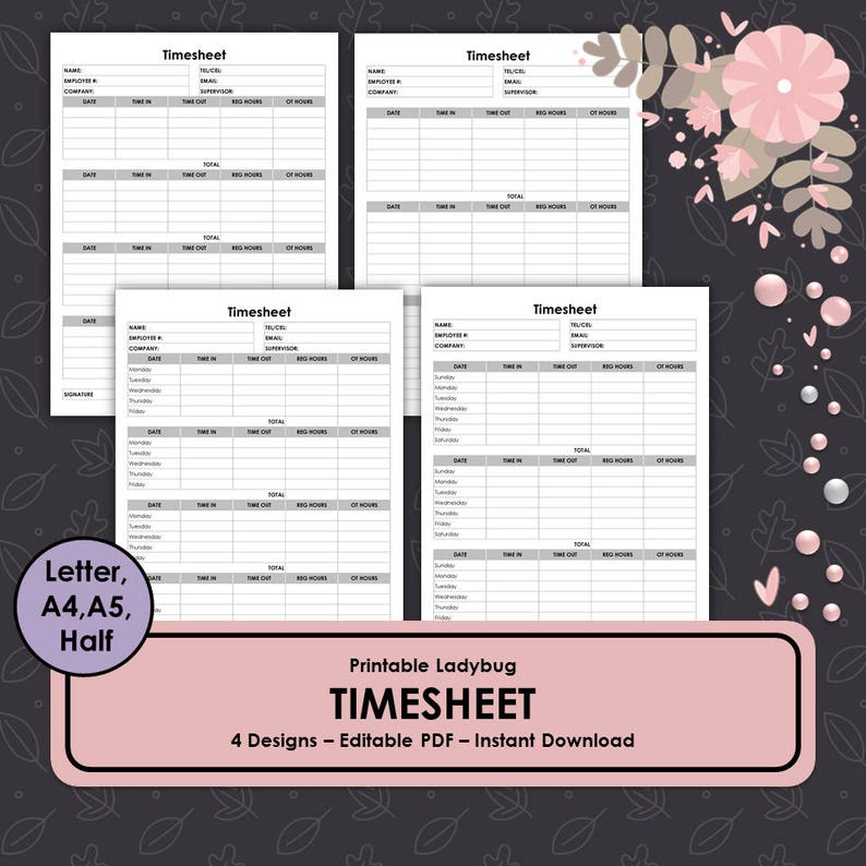 Printable Timesheet Tracker Hours Log Hours Tracker | Etsy