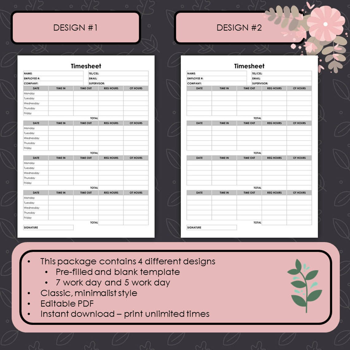 Printable Timesheet Tracker, Hours Log, Hours Tracker, Contractor ...