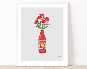 hot sauce art, texas pete art, quirky wall art, flower art, quirky food art, kitchen art, north carolina art, quirky print, quirky art