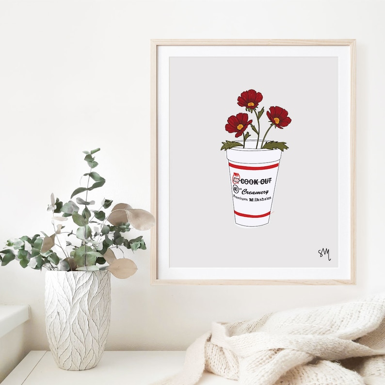 cook out art, quirky wall art, flower art, cook out wall art, quirky food art, kitchen art, north carolina art, quirky print, milkshake art image 3