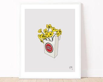 May include: A white cigarette pack with the words "Lucky Strike" in red on a red circle. The pack is open and filled with a bouquet of yellow flowers.