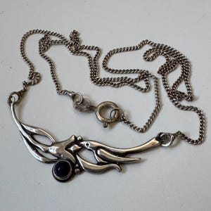 Vintage Art Nouveau Sterling Silver Swallow Necklace with Blue Gemstone