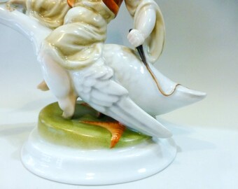 Herend Porcelain Figurine: Boy Riding Goose, Antique Hungarian
