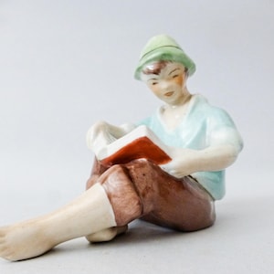 Antique figurine of a boy,Hungarian Hollohaza porcelain reading child figurine,little boy with book,handpainted FREE SHIPPING WORLDWIDE
