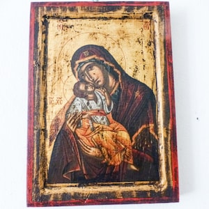 Antique Madonna and Child Icon: Painted Wood Orthodox Art