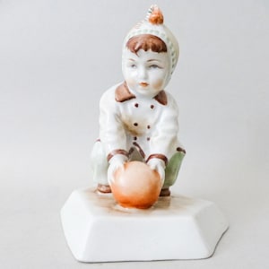 Vintage Zsolnay Porcelain Figurine: Hungarian Boy with Ball, Hand-Painted