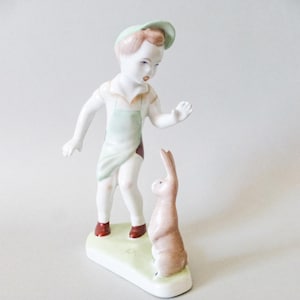 Vintage Aquincum Porcelain Child Figurine: Boy with Bunny, Hand-Painted Hungarian Decor