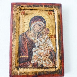 Antique Madonna and Child Icon: Painted Wood Orthodox Art