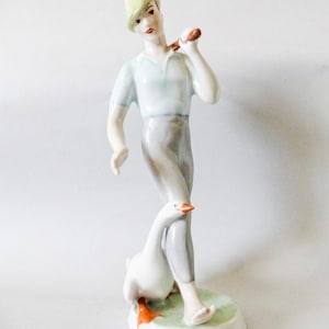 Vintage Hungarian Hollohaza porcelain  figurine,boy and gooseFREE SHIPPING