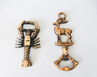 Vintage Copper Corkscrew Bottle Opener Set: Crayfish & Deer