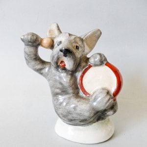 Vintage drumming dog figurine,Pottery dog statuette,Vintage ceramic puppy, FREE SHIPPING WORLDWIDE