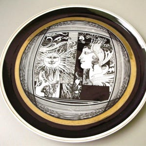 Vintage Hollohaza Porcelain Plate: Art Nouveau Black & White, 21K Gold
