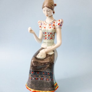 Vintage Hungarian Hollohaza porcelain figurine,embroidering lady FREE SHIPPING