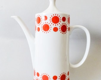 Vintage Hungarian Porcelain Coffee Pot: 1970s Sunny Red Pattern