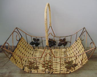 Vintage wicker and metal basket,flower or fruit basket,Autumn decoration,harvest decor