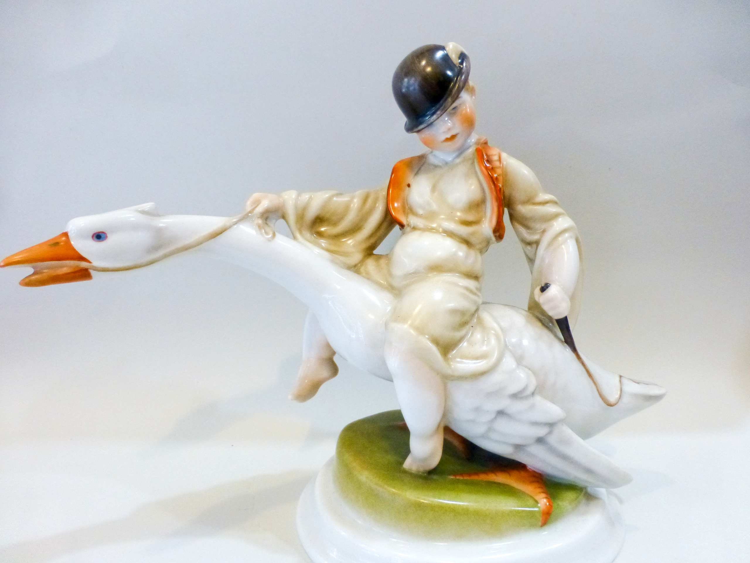 Herend Porcelain Figurine: Boy Riding Goose, Antique Hungarian