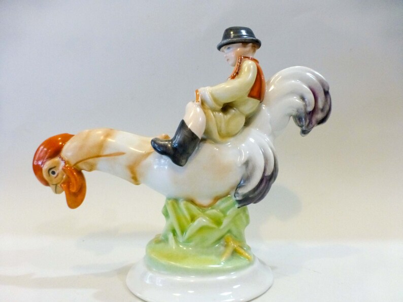 Person Riding A Roster Herend Porcelain Figurine: Boy Riding Rooster, Hand-painted Hungarian ...