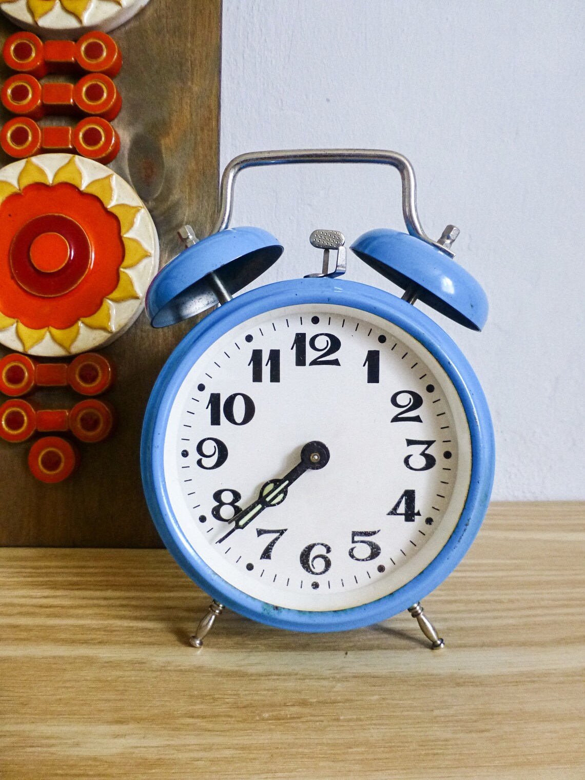 Vintage, Blue Table Clock,alarm Clock W.alarm Bell ,winding Clock, Mid