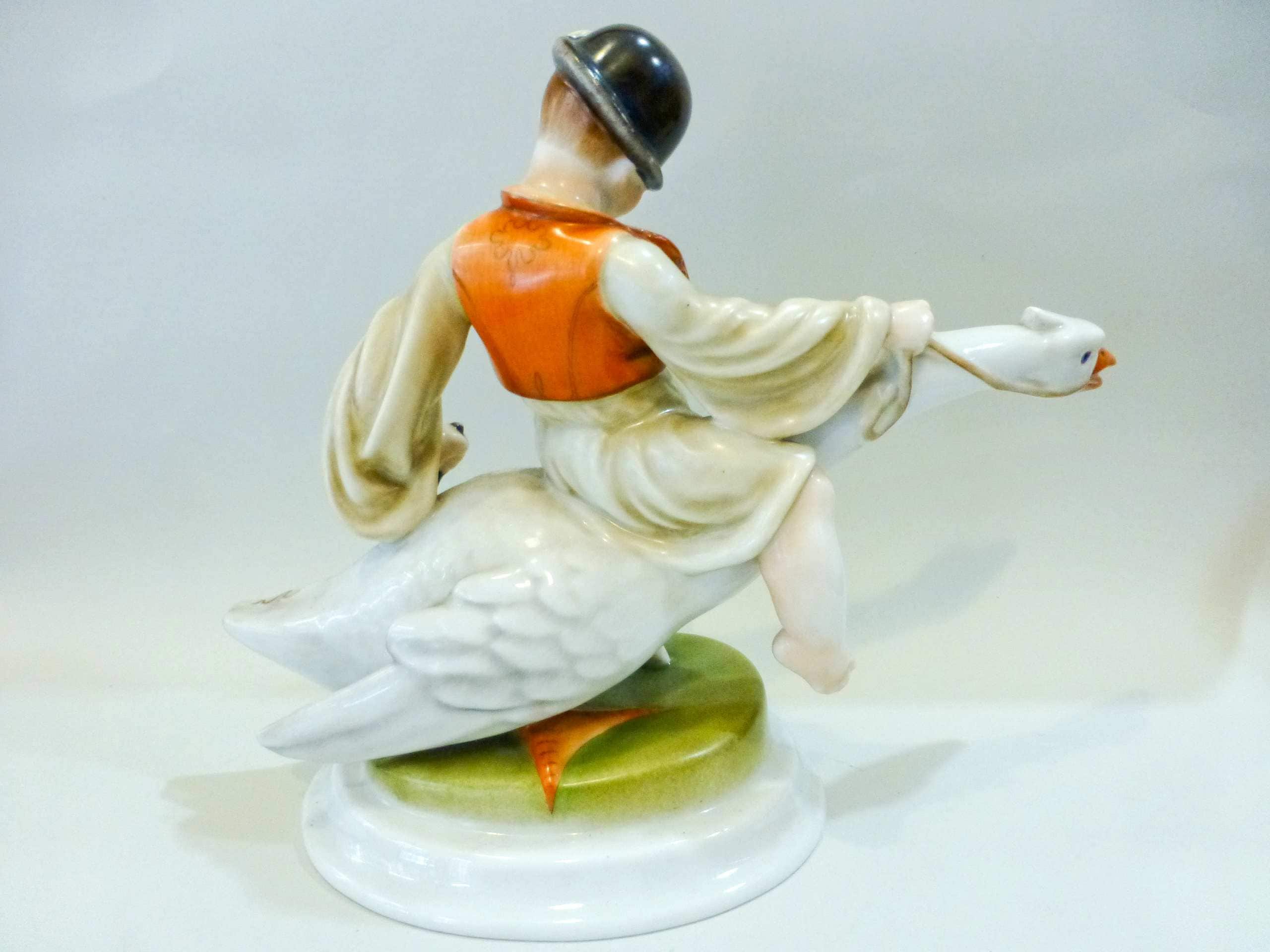 Herend Porcelain Figurine: Boy Riding Goose, Antique Hungarian