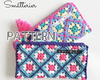 PATTERN: Granny Square Pencil Case with lining ~Cochet pattern, hekle, virka, krose, tejer