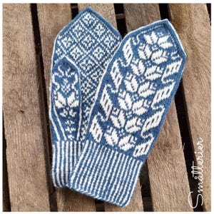 May include: A pair of blue and white knitted mittens with a geometric pattern. The mittens are made with a soft yarn and have a comfortable fit.