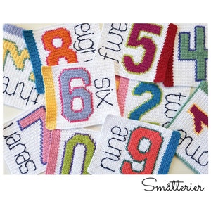 May include: Crocheted squares with numbers one through ten, each square is a different color and has a white background. The squares are arranged in a random pattern. The word "Sm&aring;tterier" is written in black at the bottom of the image.