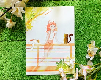 Art Print Sakura Relaxing in Nature with Cats, Original Art