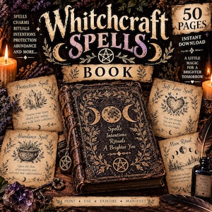 Peut inclure: Un livre numérique intitulé Whitchcraft Spells Book de 50 pages, avec une couverture sombre ornée de phases lunaires dorées et d'un pentagramme. L'ensemble inclut des cartes imprimées pour la protection, l'amour de soi et les rituels.