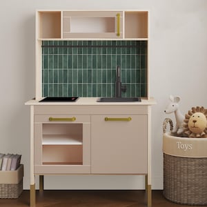 IKEA DUKTIG Play Kitchen in Green Stacked Tile // Play Kitchen Decal Set / IKEA Hack / Play Kitchen Stickers
