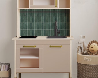 IKEA DUKTIG Play Kitchen in Green Stacked Tile // Play Kitchen Decal Set / IKEA Hack / Play Kitchen Stickers