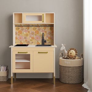 IKEA DUKTIG Play Kitchen in 70&#39;s Floral // Play Kitchen Decal Set / IKEA Hack / Play Kitchen Stickers