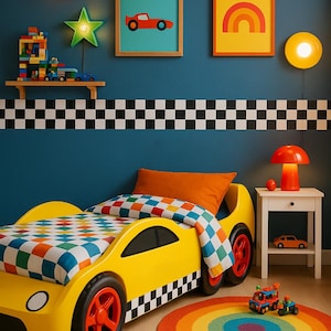 May include: A yellow race car bed with a checkered patterned comforter and a rainbow rug. The room is decorated with a checkered border, framed pictures of a red car and a rainbow, and star-shaped lights.