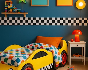 Racing Checker Wall Border | Peel and Stick Race Car Border | 5" x 49" | Boys Room Decor | Finish Line Sticker Strip | Removable Wallpaper