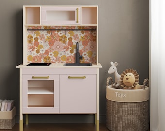 IKEA DUKTIG Play Kitchen in Retro Flowers // Play Kitchen Decal Set / IKEA Hack / Play Kitchen Stickers