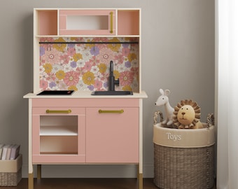 IKEA DUKTIG Play Kitchen in Purple & Pink Retro Flowers // Play Kitchen Decal Set / IKEA Hack / Play Kitchen Stickers