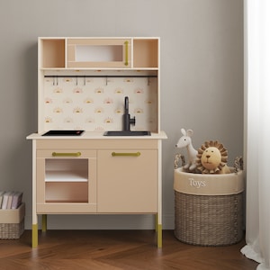 IKEA DUKTIG Play Kitchen in Sunny Days // Play Kitchen Decal Set / IKEA Hack / Play Kitchen Stickers
